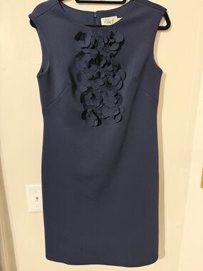 Eliza J Navy Sleeveless Midi Sheath with Floral Appliqué